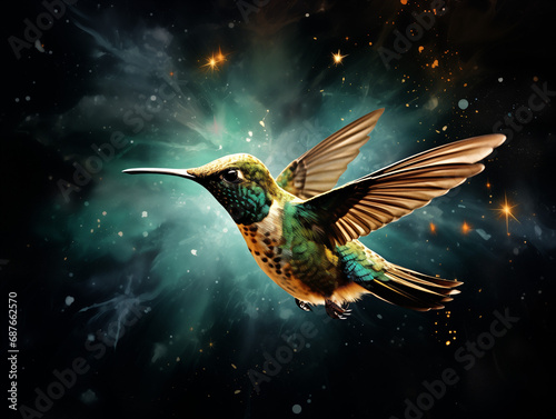 A Double Exposure Style Silhouette of a Hummingbird with a Space Scene Background