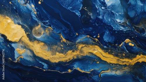 abstract fluid paints background, alcohol ink technique,blue and gold color waves