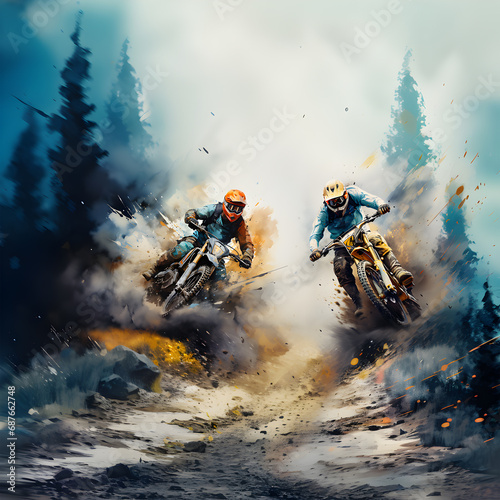 Courageous professional motorcyclists in full motorcycle gear ride a motorcycle on a mountain road at sunset. The concept of motorsport, speed, hobbies, travel, outdoor activities
