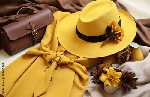a dress, bag, hat and accessory laying