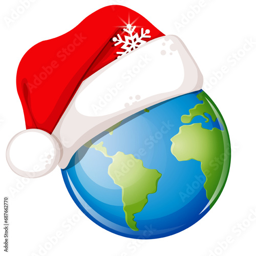 Planet Earth with red Santa Claus Christmas hat on white background. Merry Christmas and Happy New Year concept. Vector illustration
