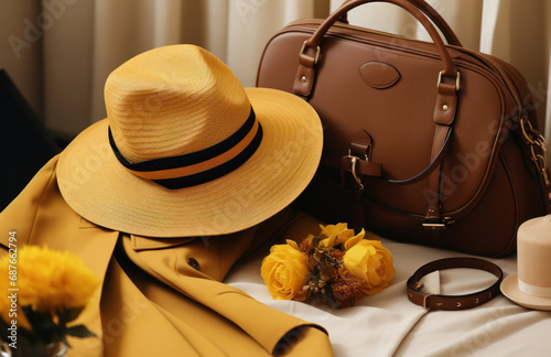 a dress, bag, hat and accessory laying