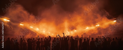 a group of soccer fans in a stadium,