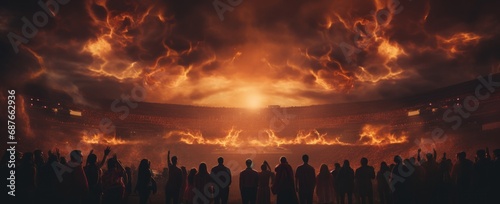 a group of soccer fans in a stadium,