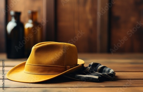a hat, jeans and a wallet lay on a white table,