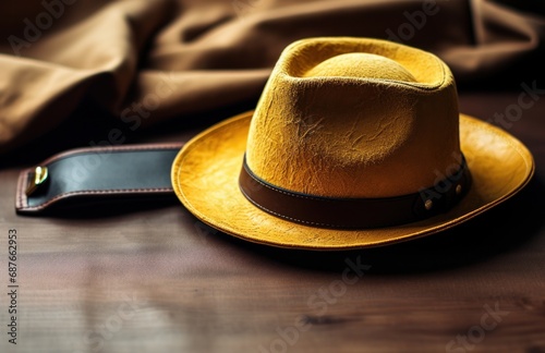 a hat, jeans and a wallet lay on a white table,