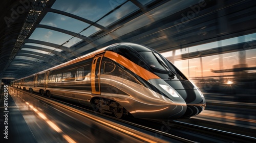 a high speed train driving in an airport,