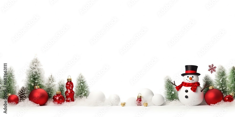 abstract Christmas background,  red white bauble with snowman, snow fall glitter glow, Generative Ai