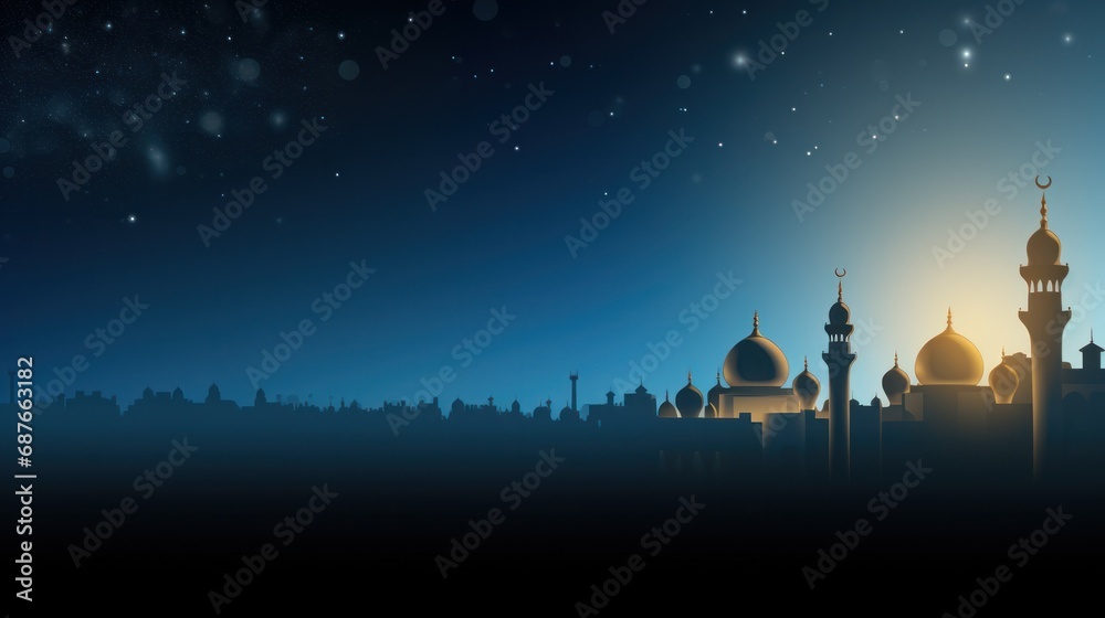 A lavish blue and gold background with elegant floral designs and a stunning mosque silhouette. A lavish blue and gold background with elegant floral designs and a stunning mosque silhouette.