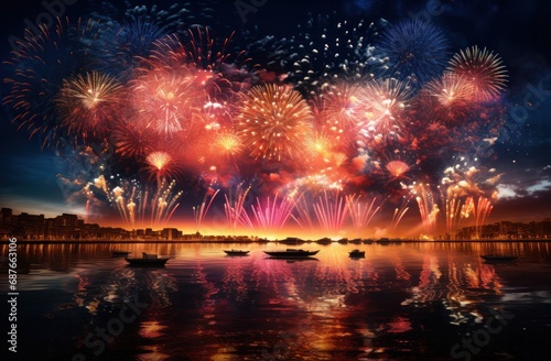 a large fireworks display over water,
