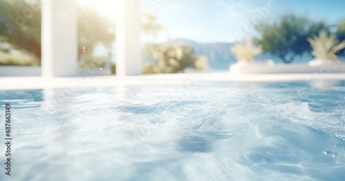 a large, white swimming pool in a resort,