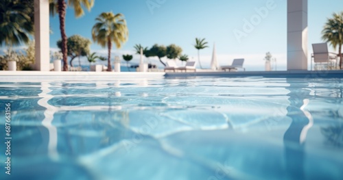 a large, white swimming pool in a resort,