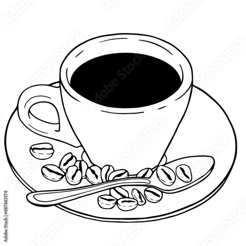 Coffee cup on saucer with hot coffee, spoon and spilled coffee beans, linear vector illustration