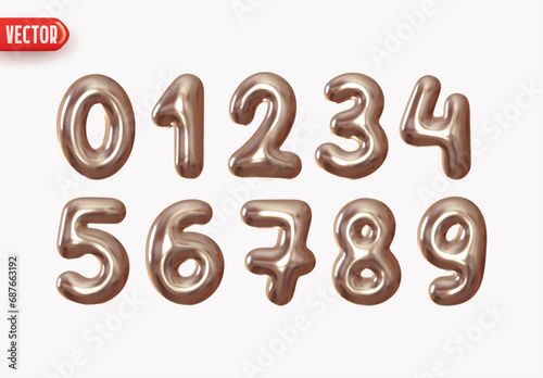 Silver numbers from 0 to 9. Collection of voluminous inflated numbers from metal. Set grey number symbols 1, 2, 3, 4, 5, 6, 7, 8, 9, 0. Realistic 3d design. vector illustration