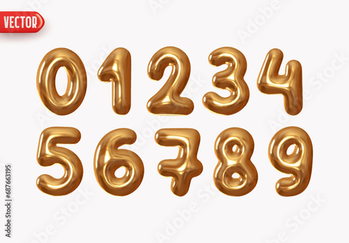 Golden numbers from 0 to 9. Collection of voluminous inflated numbers from metal. Set gold number symbols 1, 2, 3, 4, 5, 6, 7, 8, 9, 0. Realistic 3d design. vector illustration photo