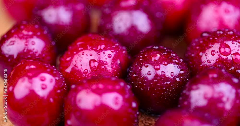 red ripe sweet cherries covered with drops of water, ripe pure cherry berries in drops of clear water red ripe sweet cherries covered with drops of water, ripe pure cherry berries in drops of clear water