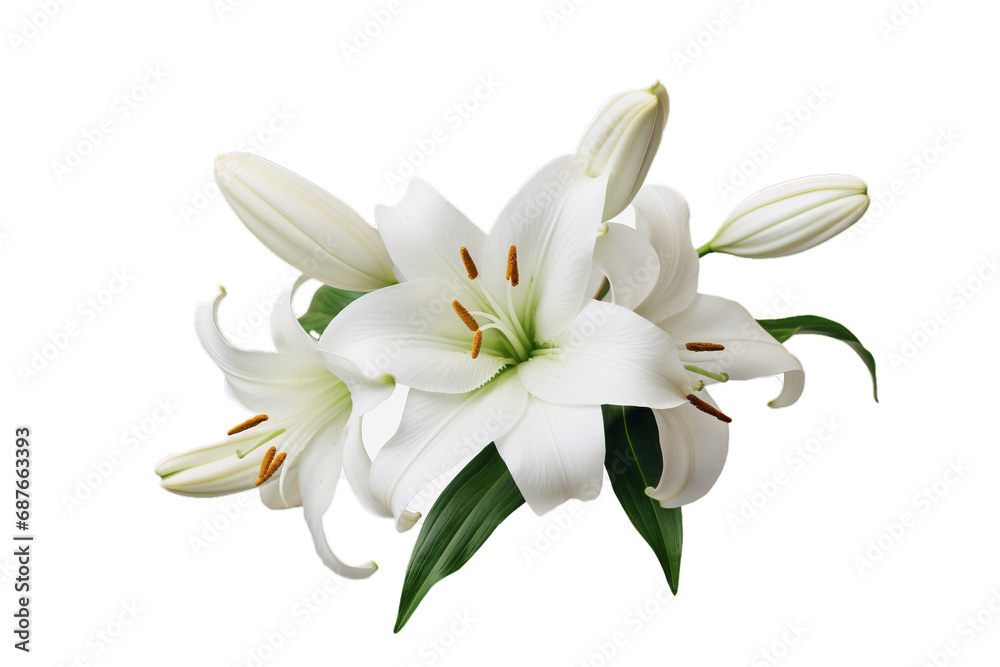 Elegant white lily with buds isolated on transparent background, embodying purity and serene beauty.