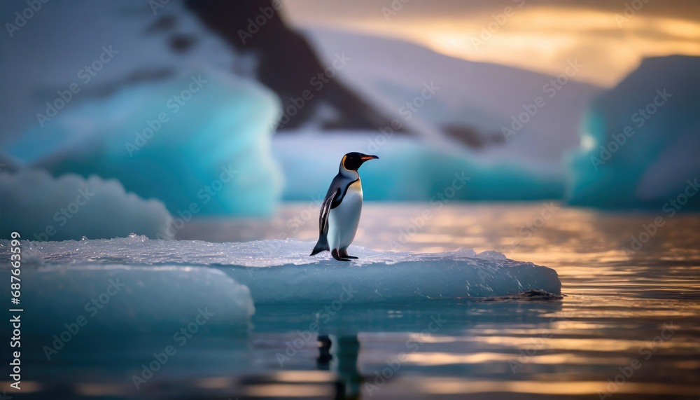 Obraz premium A penguin is standing on an iceberg in the water. Generated with AI