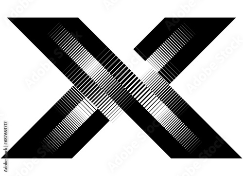 Black and white striped pattern in the form of the letter X. Vector pattern on a white background with a metal effect. Vector background for your graphic design.