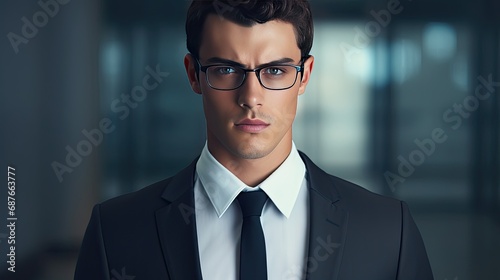 Close-up portrait of a serious male businessman in a suit and tie. Confident and elegant man. Illustration for banner, poster, cover, brochure, advertising, marketing or presentation. photo