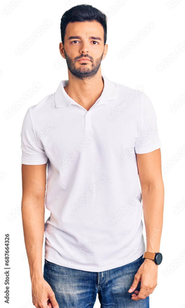 Young handsome hispanic man wearing casual clothes skeptic and nervous, frowning upset because of problem. negative person. Young handsome hispanic man wearing casual clothes skeptic and nervous, frowning upset because of problem. negative person.