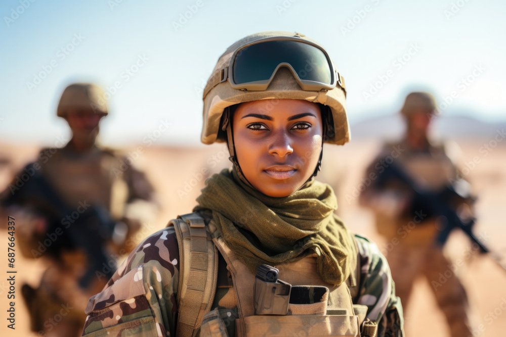 portrait of a female african soldier in military uniform with a helmet against the background other soldiers standing in the background portrait of a female african soldier in military uniform with a helmet against the background other soldiers standing in the background