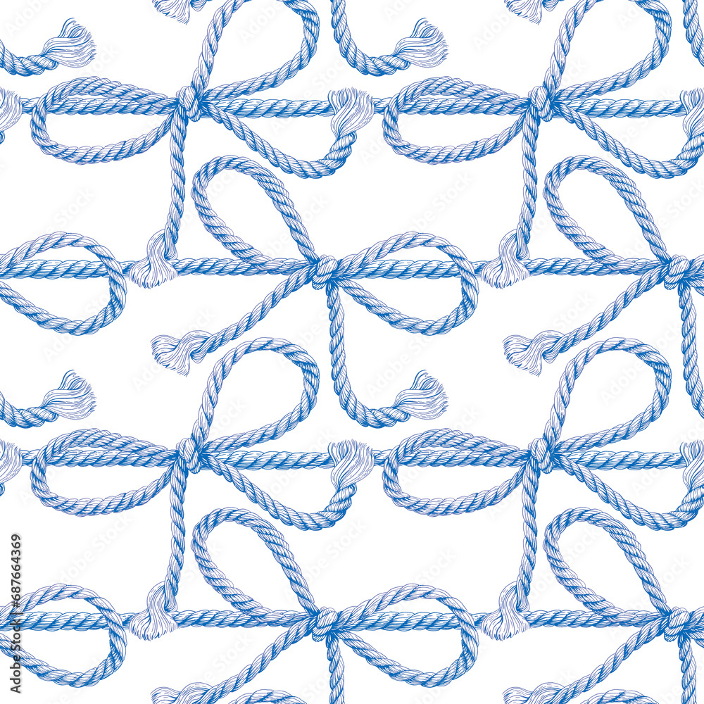 Seamless pattern of rope cords with bow knots. Hand painted realistic blue elements on white background. Hand drawn illustration. For fabric, sketchbook, wallpaper, wrapping paper.