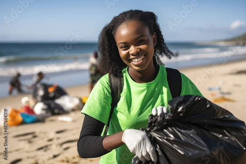Portrait of a female african volunteer collecting trash on the beach © ty