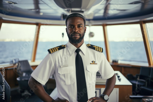 African captain of a ship on the open sea, standing on the deck photo