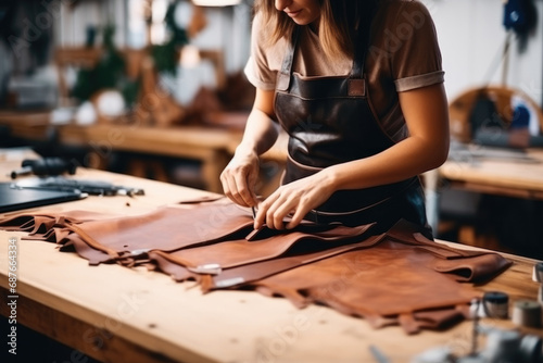 Cropped female hands of tailor leather-craftsman working with natural leather, processing cuts leather blanks photo