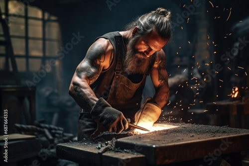 Foto Bearded smith forge an iron product in a blacksmith