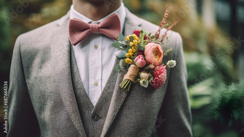 Floral wedding boutonniere for the groom attached to the jacket