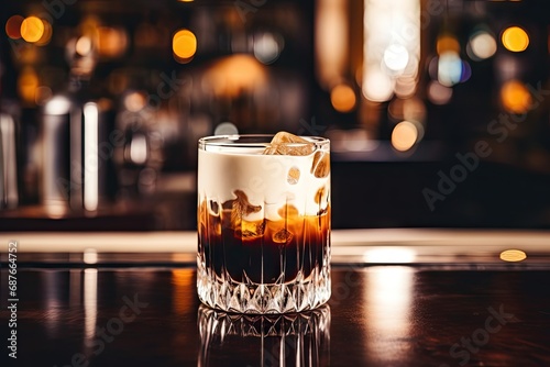 White Russian cocktail on the background of the bar photo