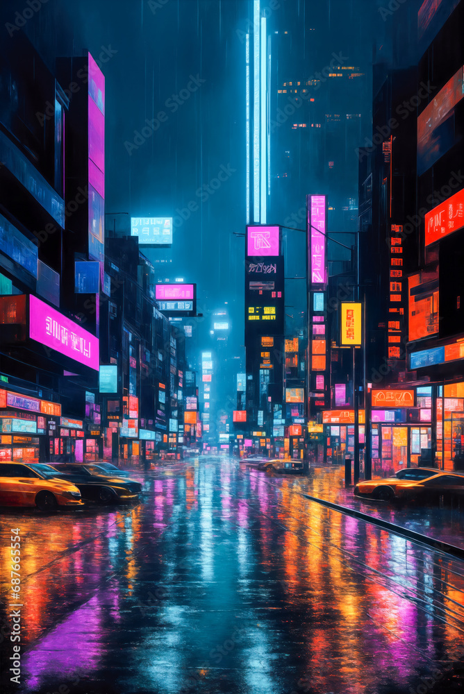 Night city in neon lights. Abstract illustration with large brush strokes