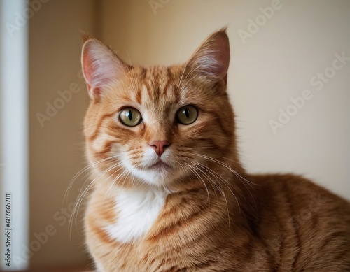 A close-up portrait of a ginger cat with green eyes, sitting and attentively looking at the camera against a beige wall.