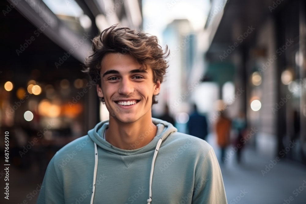 A young man wearing a blue hoodie smiles for the camera
