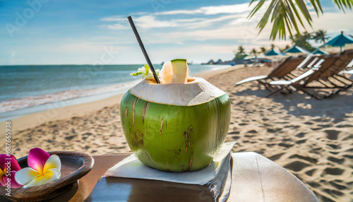 Green coconut to drink on a table at the beach.