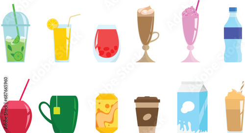 A set of drinks.  a can of soda  a glass of juice  a cup of coffee  tea  etc. non-alcoholic drinks.