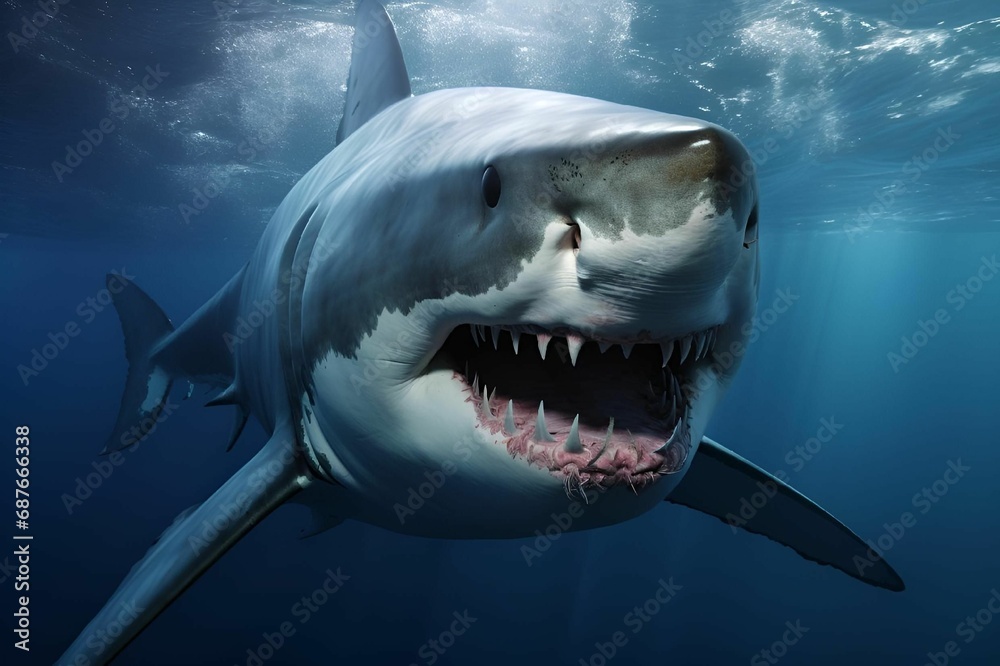 Obraz premium AI generated illustration of A large predatory shark swimming in the crystal-clear blue waters