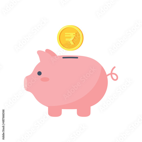 Piggy bank and coin with rupee sing isolated on white background. Vector illustration