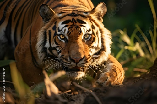 AI generated illustration of A beautiful tiger perched atop a grassy hill