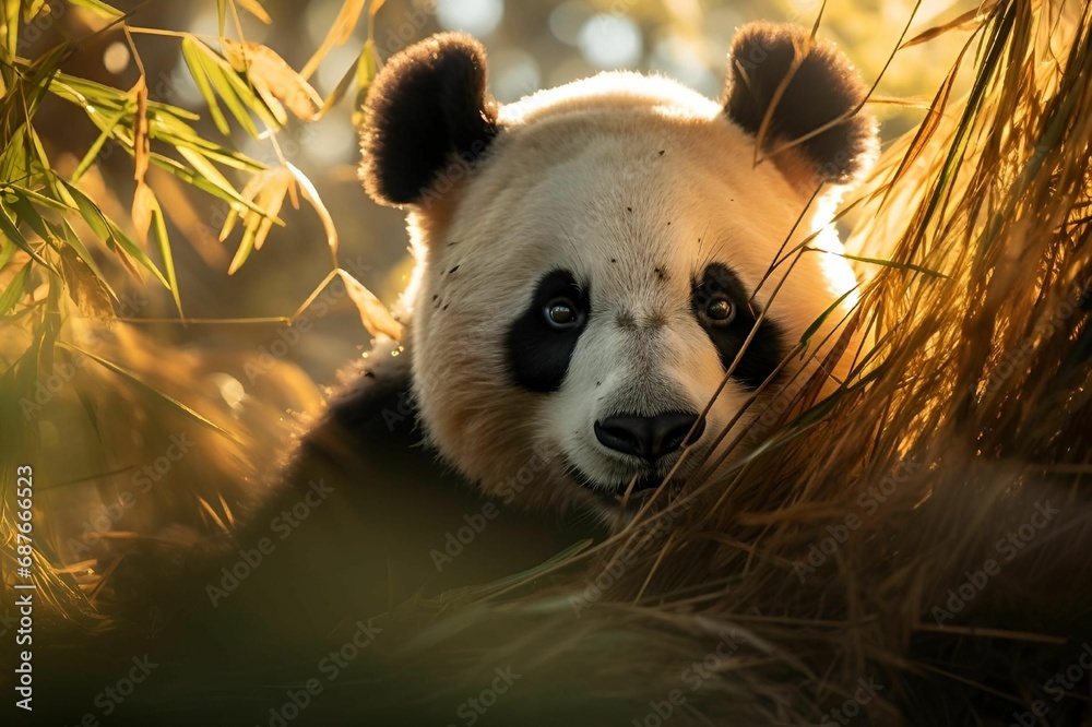 AI generated illustration of A cute panda bear peacefully perched on the lush green grass AI generated illustration of A cute panda bear peacefully perched on the lush green grass