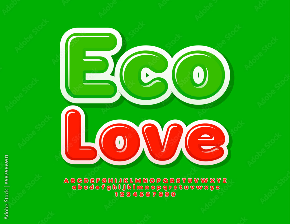 Naklejka premium Vector cute concept Eco Love with Red Alphabet Letters and Numbers set. Bright glossy Font