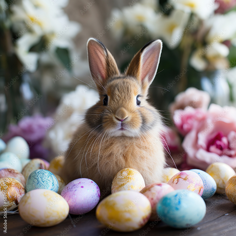 Cute fluffy bunny among painted eggs and flowers. Easter card, illustration