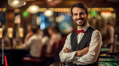 Croupier du casino pose    l int  rieur de l   tablissement  machines    sous  poker  black jack et roulette .