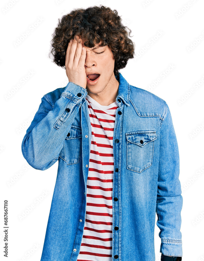 Caucasian teenager wearing casual clothes yawning tired covering half face, eye and mouth with hand. face hurts in pain. Caucasian teenager wearing casual clothes yawning tired covering half face, eye and mouth with hand. face hurts in pain.