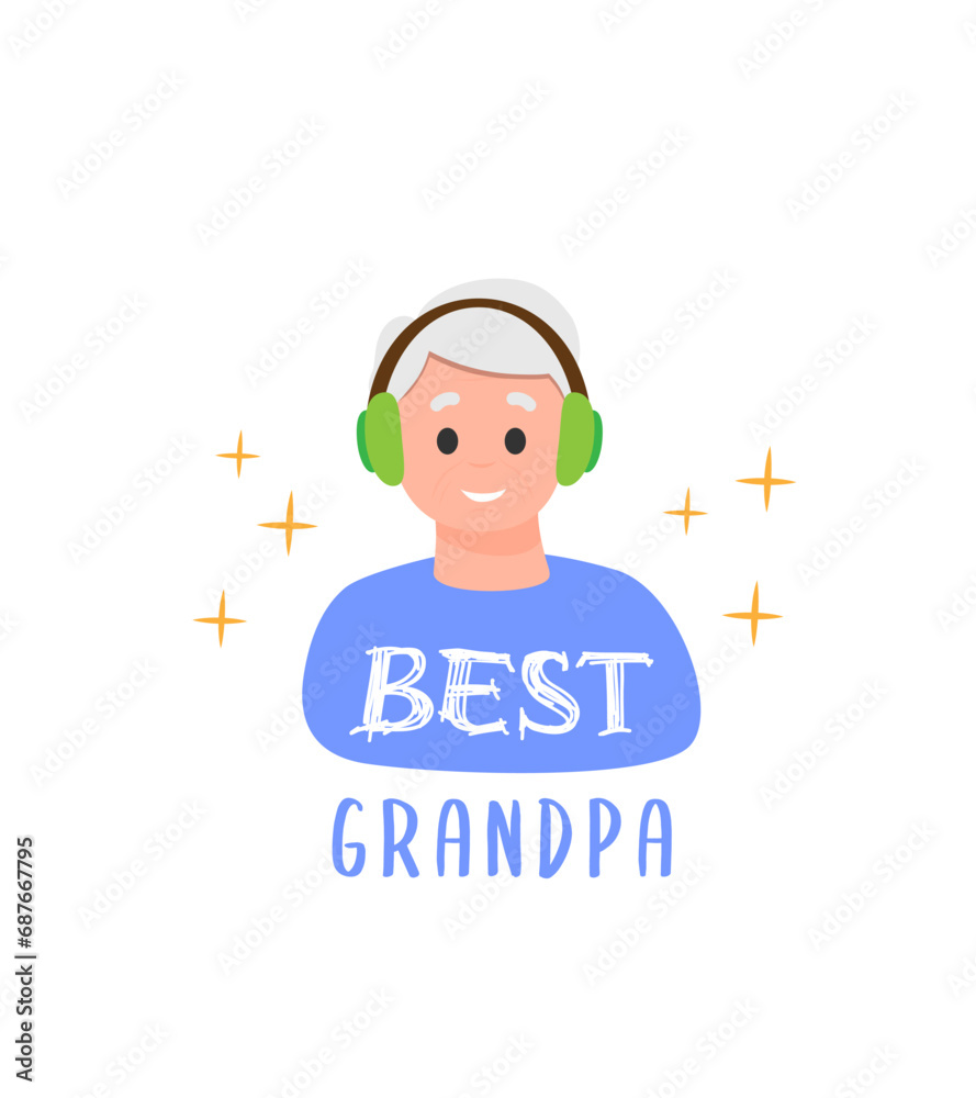 Best grandpa greeting card. Old mature man character with headphones, grandparents day celebration vector concept. Flat colorful illustration isolated on white background. Best grandpa greeting card. Old mature man character with headphones, grandparents day celebration vector concept. Flat colorful illustration isolated on white background.
