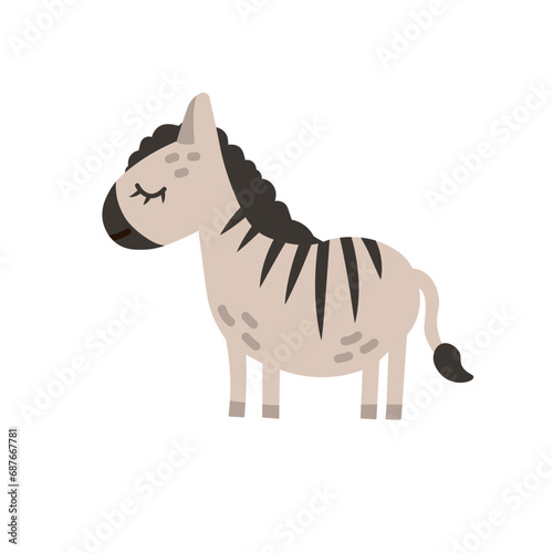 Cartoon zebra animal isolated on white. Cute character  vector african zoo  wildlife poster.