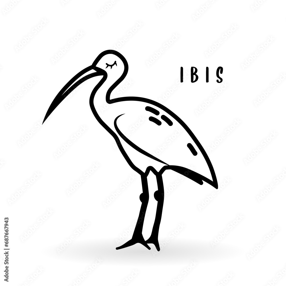 Cartoon ibis bird animal isolated on white. Cute character icon, vector ...