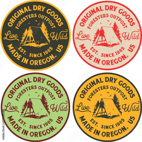 Vector badge-badge print or embroidery design in 4 different colors on the theme of camping, wild nature and forest.